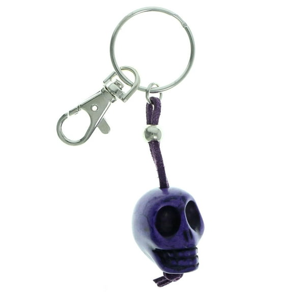 Purple Sculpted Stone Skull Keychain With Faux Leather Strap