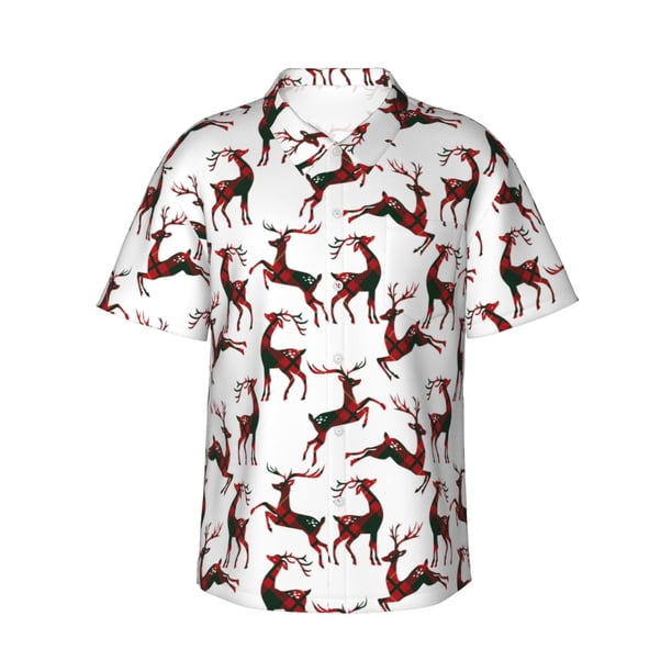 Balery Christmas Plaid Moose Camisas hawaianas de manga corta para hombre, camisas playeras de corte holgado, camisas de vacaciones con botones,X-Large