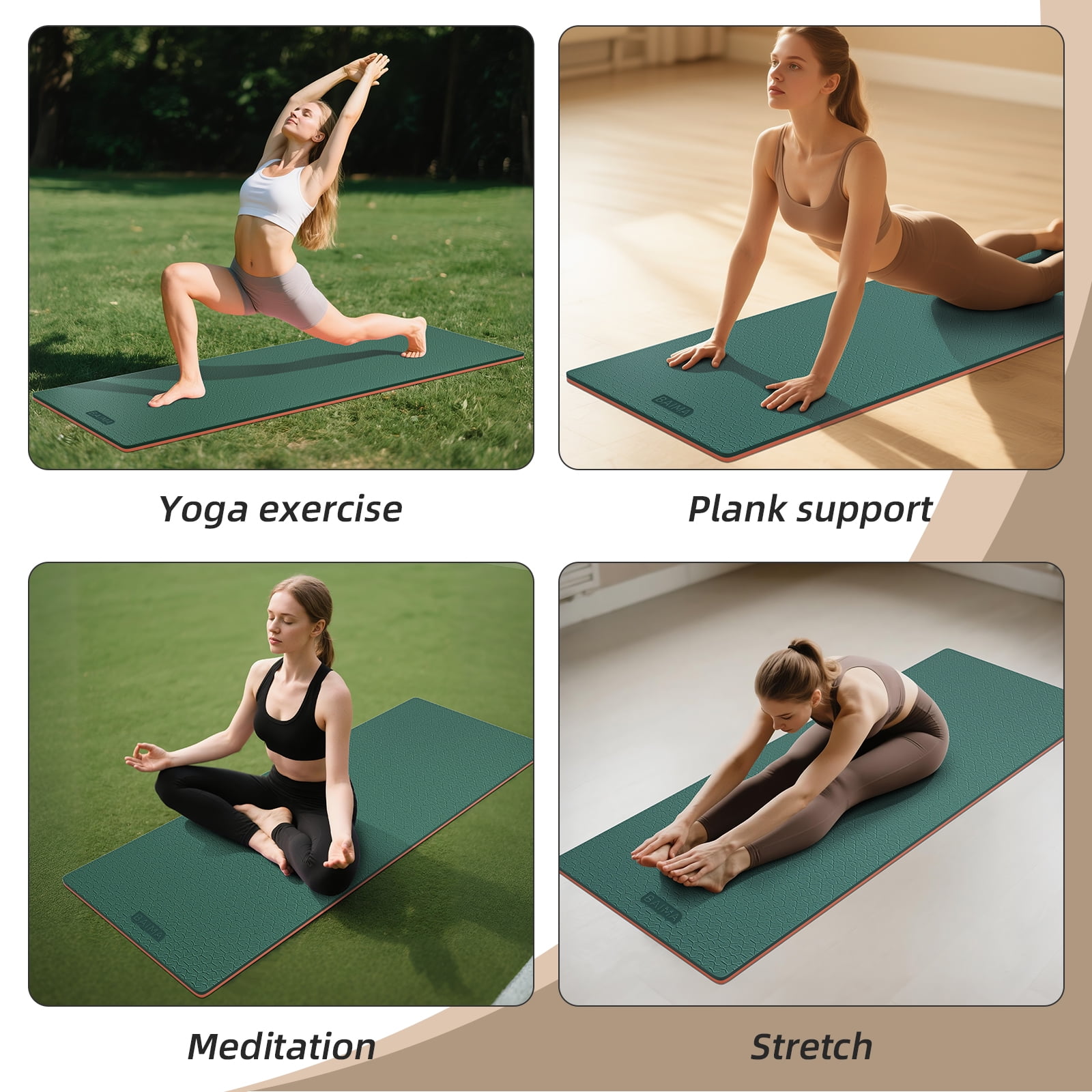 BAIMA TPE Yoga Mat - Tear-Resistant, Lightweight, Non-Slip Double-Sided Exercise Mat with Carry Strap(Green+Orange)