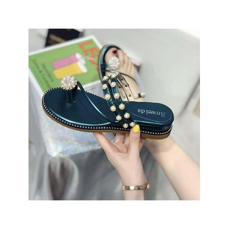 

Rotosw Ladies Comfort Toe Ring Pearl Wedges Slippers Sliders Fashionable Summer Shoes