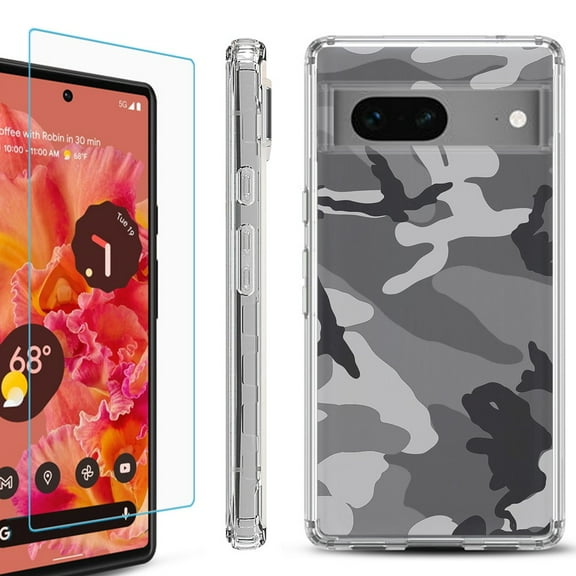 Shockproof Bumper Phone Case for Google Pixel 7, with Tempered Glass Screen Protector, by OneToughShield ® - Camo B/W
