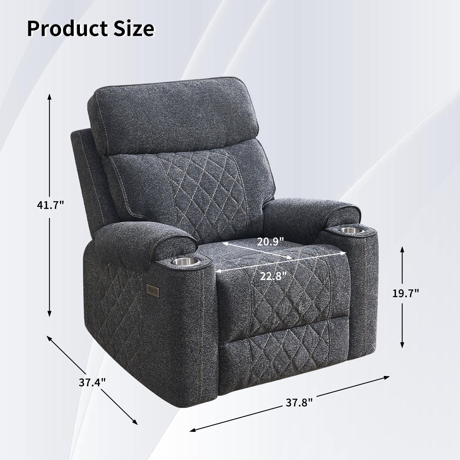 Bonzy Home Power Recliner Chair — Electric Fabric Recliner with Cup Holders & USB-C Charging Ports, Diamond Grid Upholstery, Grey