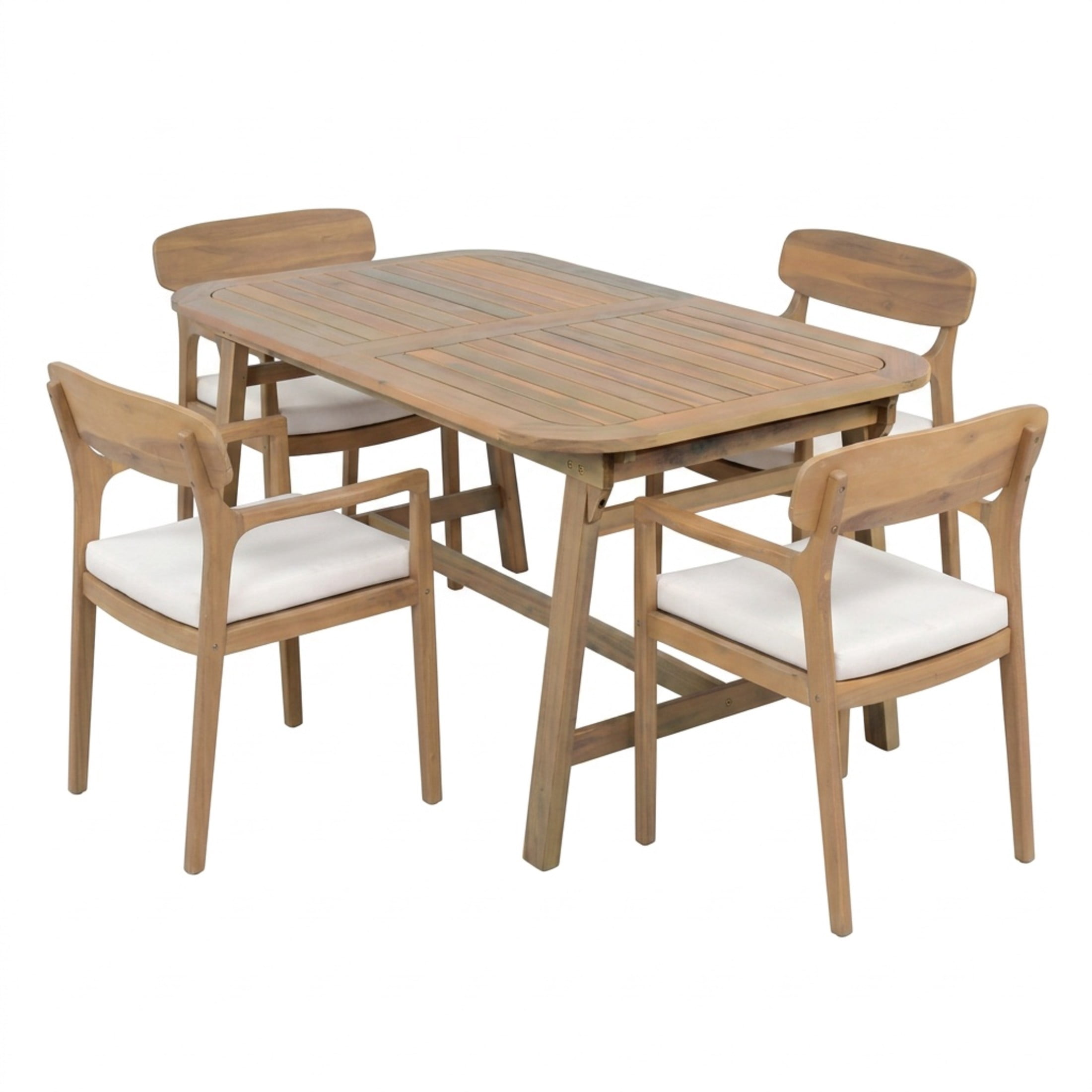 Christopher Knight Home 5-Piece Wood Outdoor Dining Set, Extendable Table and Armchairs, Light Teak+Beige