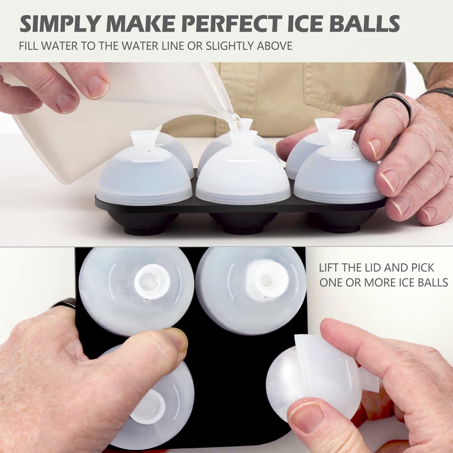 HONYAO Whiskey Cocktail Ice Mold, Silicone Round Sphere Ice Ball Maker Mold  Large Square Ice Cube Tray with Lid Easy Fill Easy Release - 6 Ice Balls +