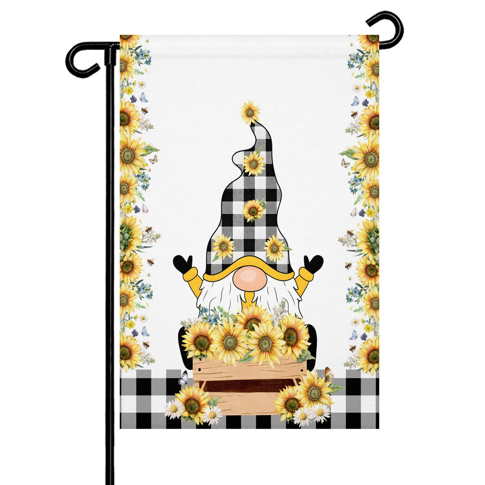 Sunflower Gnome Garden Flag 28x40 Inch Summer Countryside Black Buffalo Plaid Double Sided Small Decorative Garden Flags for Outside Outdoor Yard Porch Lawn Decoration