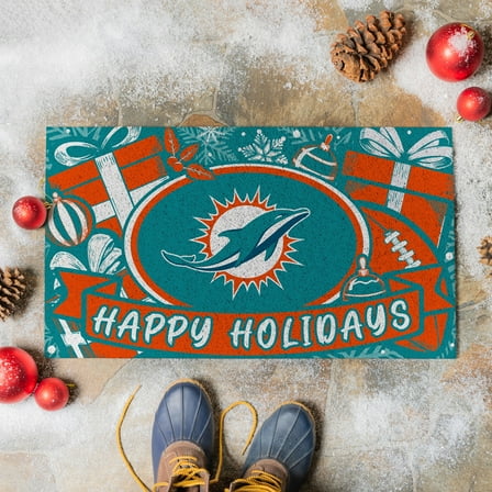 Miami Dolphins 28" x 16" Happy Holidays Christmas Turf Door Mat