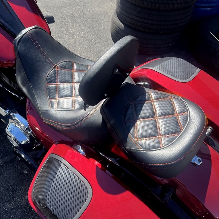 Low-Profile 2-Up Leather Seat For Harley Touring (Road King, Street Glide, Etc.) 2009-2023 - Black With Orange Stitch
