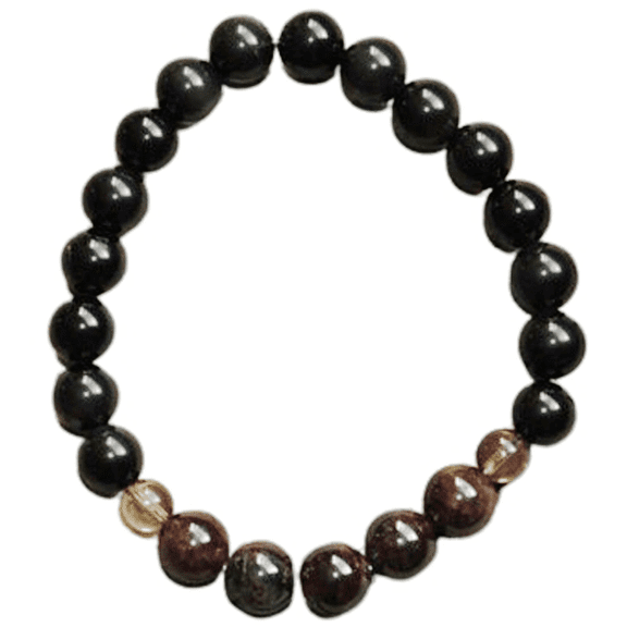 Natural Black Obsidian, Garnet With Smoky Quartz 6-8mm Round Shape Smooth Cut Beads Stretchable Bracelet for Men & Women.