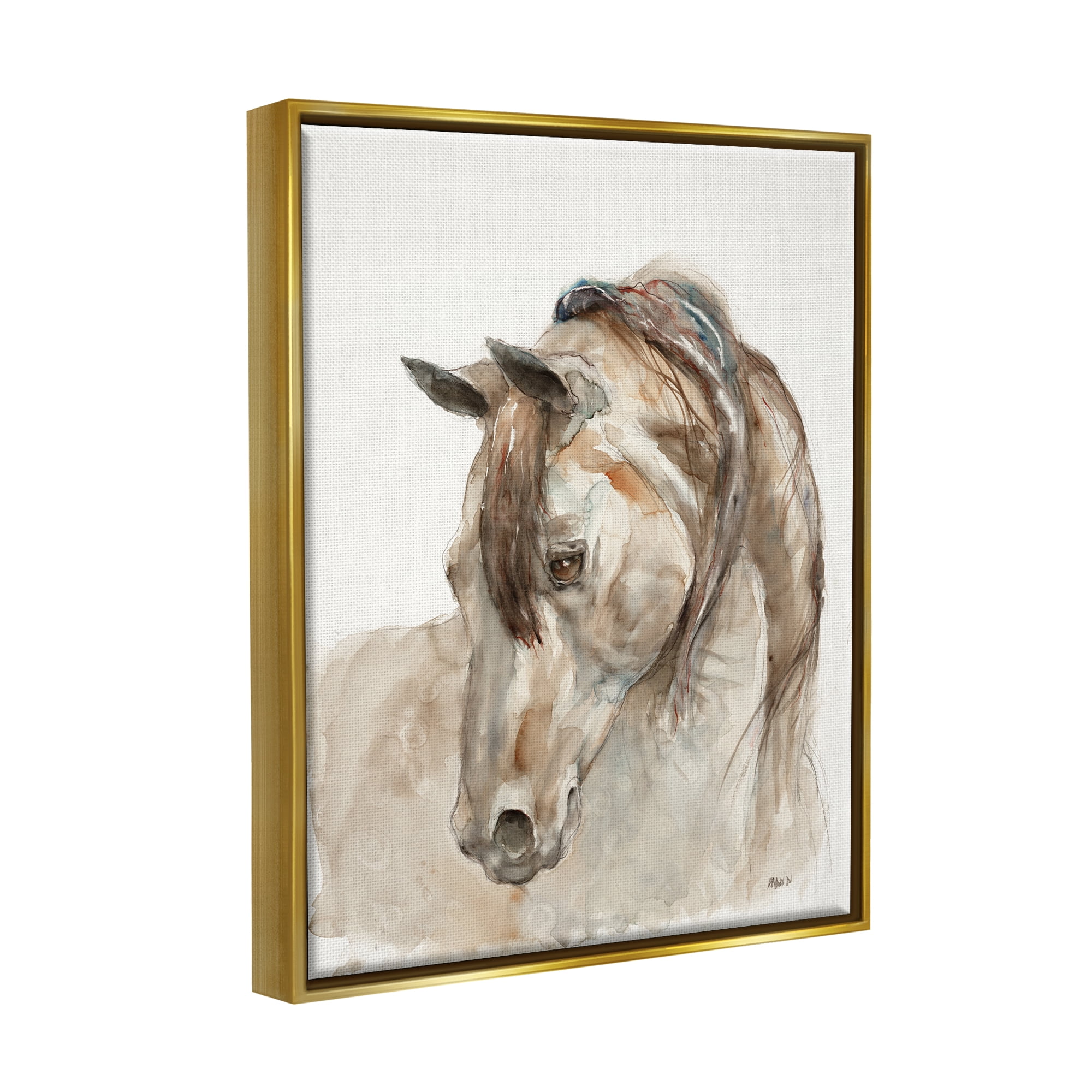 Stupell Industries Gentle Horse Portrait Farm Animal Watercolor Detail Painting Metallic Gold Floating Framed Canvas Print Wall Art, Design by Patti Mann