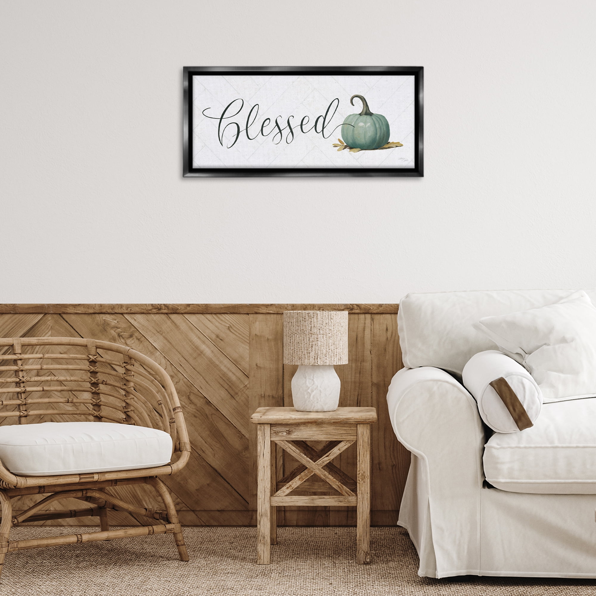Stupell Industries Blessed with Pumpkin Typography Painting Black Floater Framed Canvas Art Prints Wall Art, 25 x 11