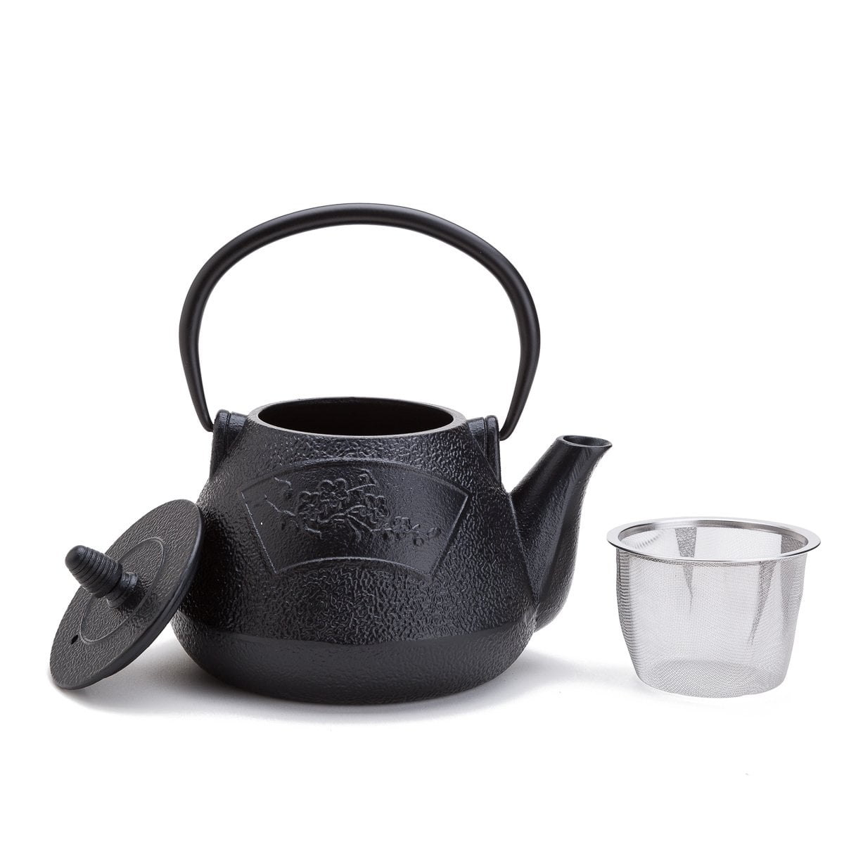 THY COLLECTIBLES Black Cast Iron Tea Set Teapot Tetsubin, Embossed Oriental  Flower Symbol 