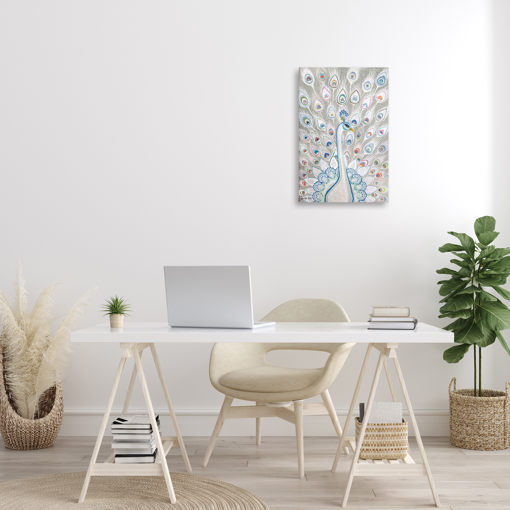 Stupell Industries Neutral Peacock Tail Pattern Animals & Insects Painting Gallery Wrapped Canvas Art Print Wall Art, 16 x 24