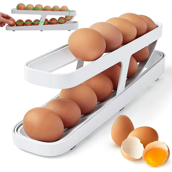 Rolling Egg Holder Egg Rack, White 2 Tier Egg Dispenser Egg Storage Egg Holder for Kitchen