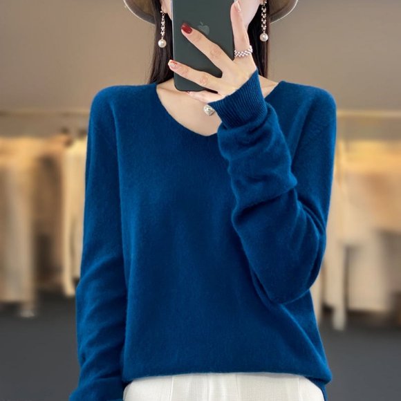 New 100% Merino pure wool sweater in winter women's V-neck knitted long-sleeved
