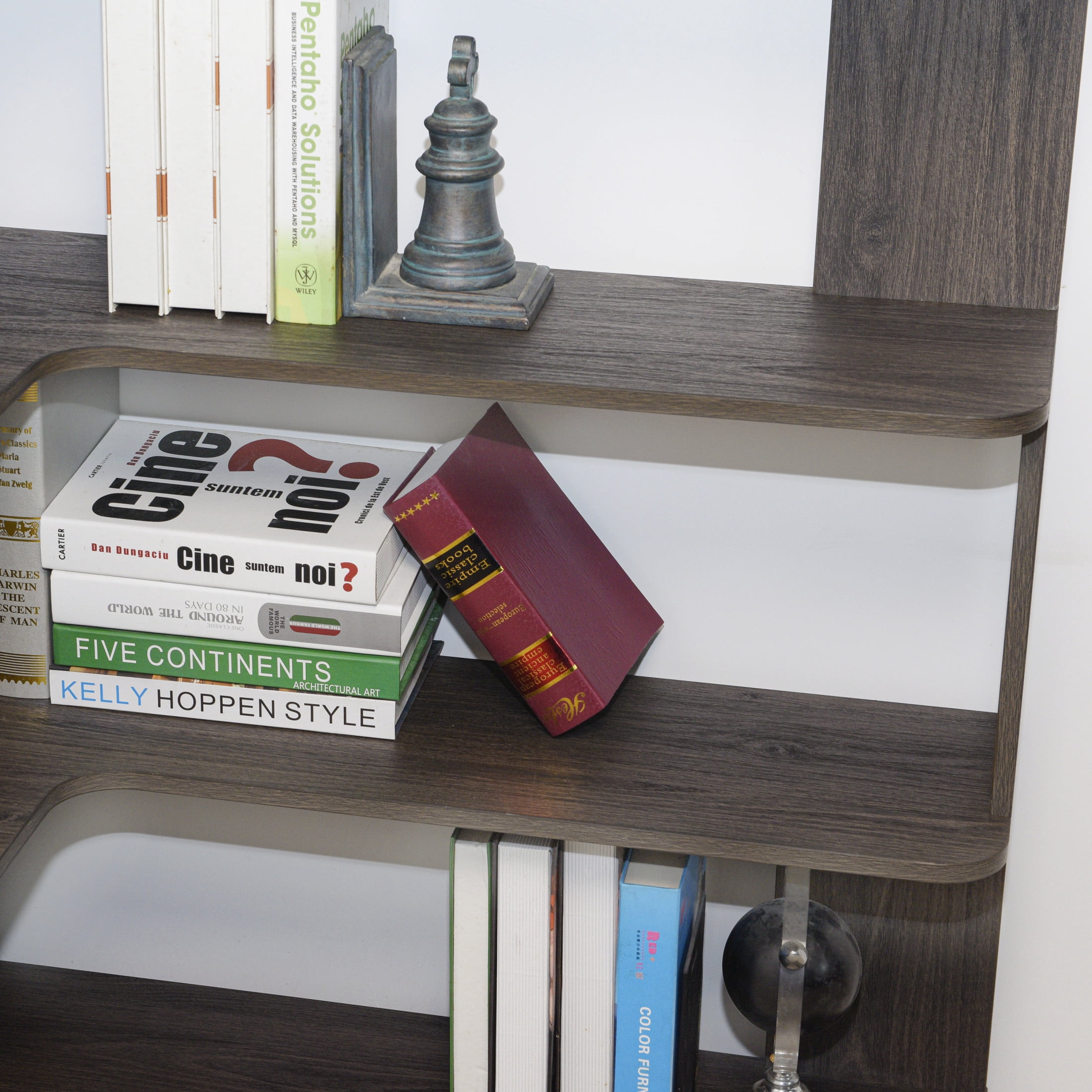 GDF Studio Derwin 5-Tier Corner Bookshelf, L-Shaped Wooden Bookcase for Living Room, Home Office, Dark Brown