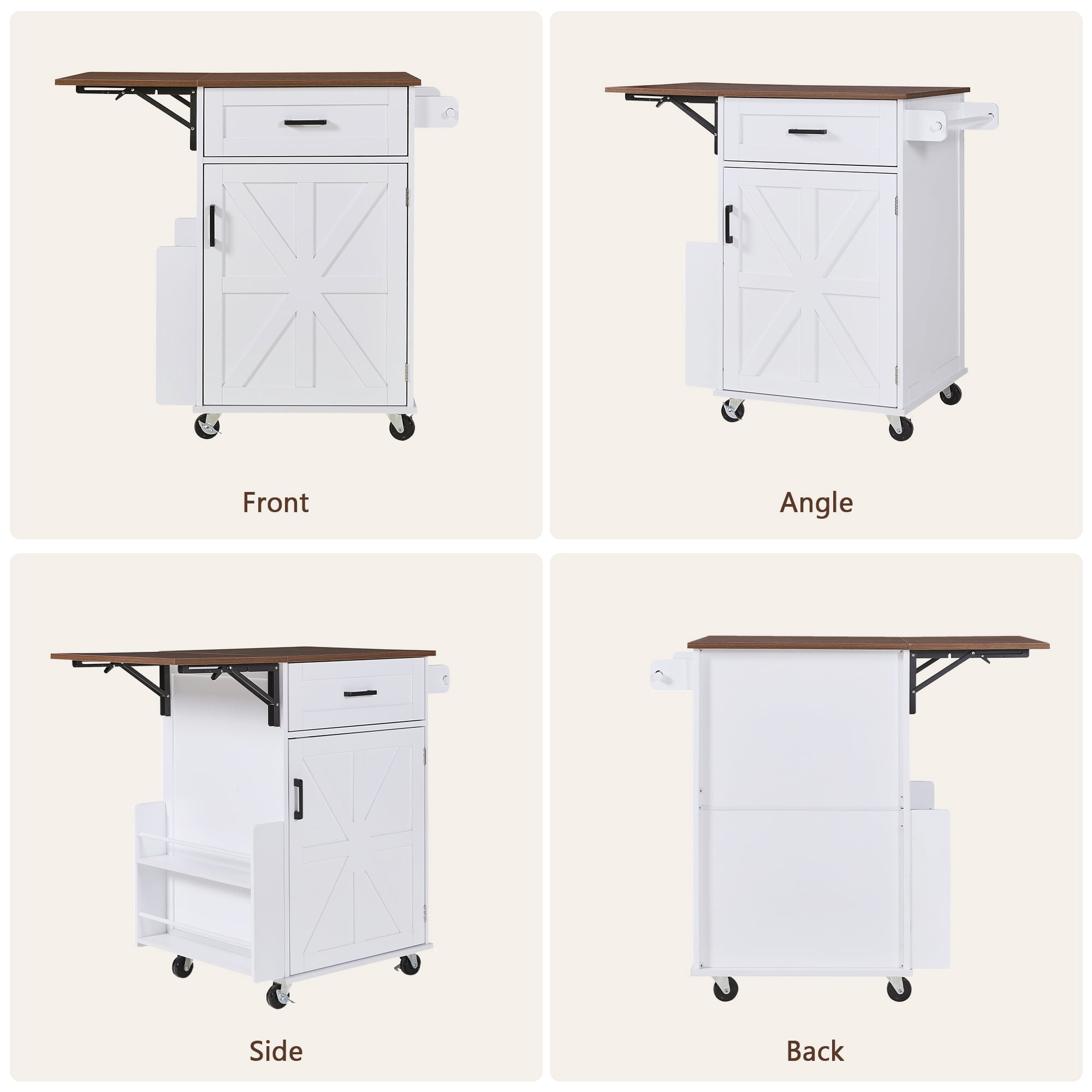 Homy Casa 39" Rolling Kitchen Island with Drop Leaf, Storage Cabinet, Drawer and Wheels White