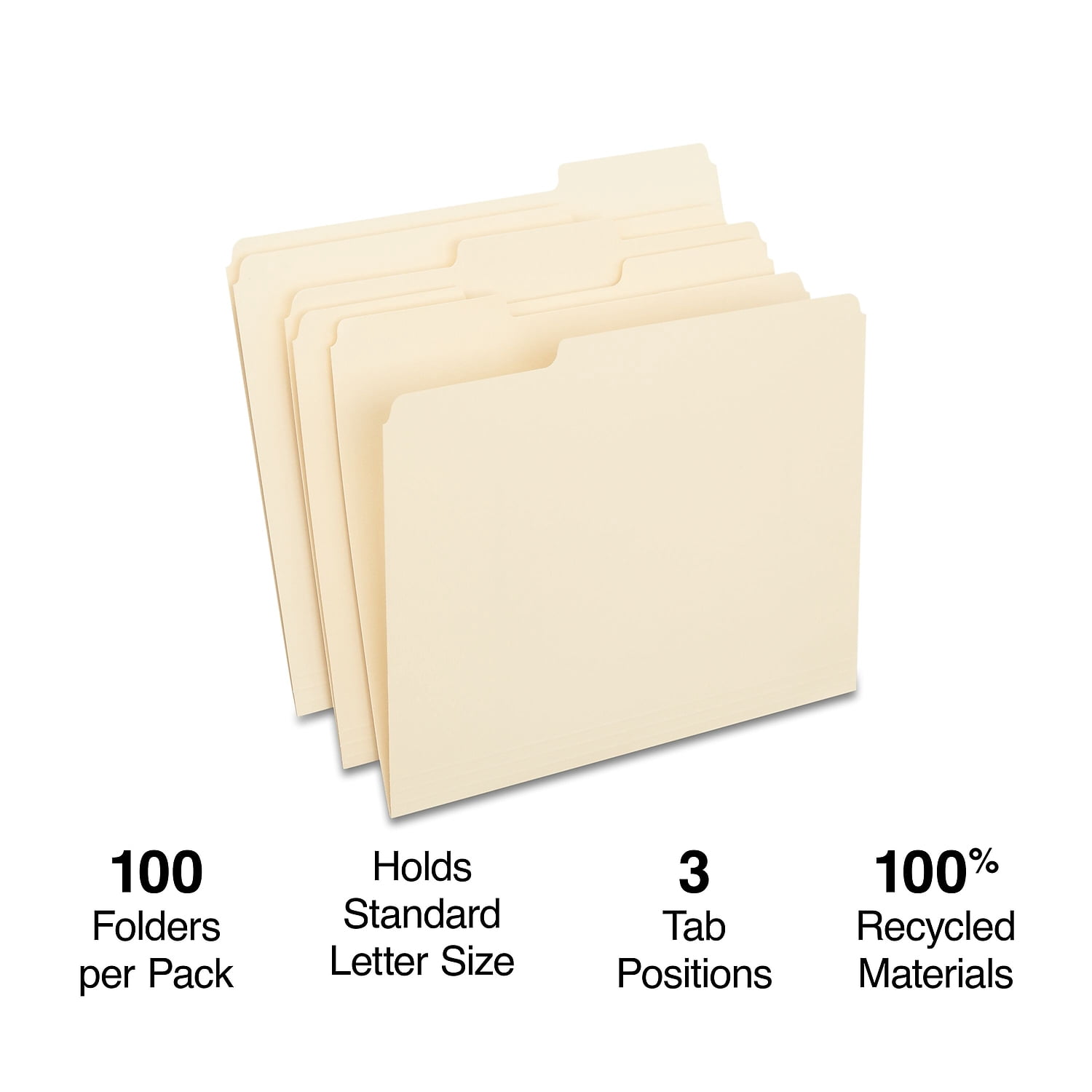 MyOfficeInnovations 100% Recycled Manila File Folders Letter 3-Tab 100/Box (246850)