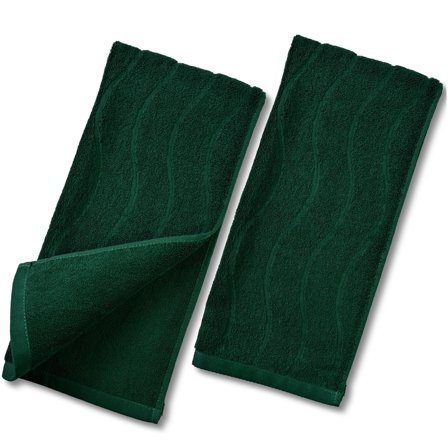 2-Piece Jacquard Hand Towels Set, Wavy Striped Forest Green Cotton Towels for Bathroom Kitchen Spa Hostess Gift, 13x29 Inches, Green