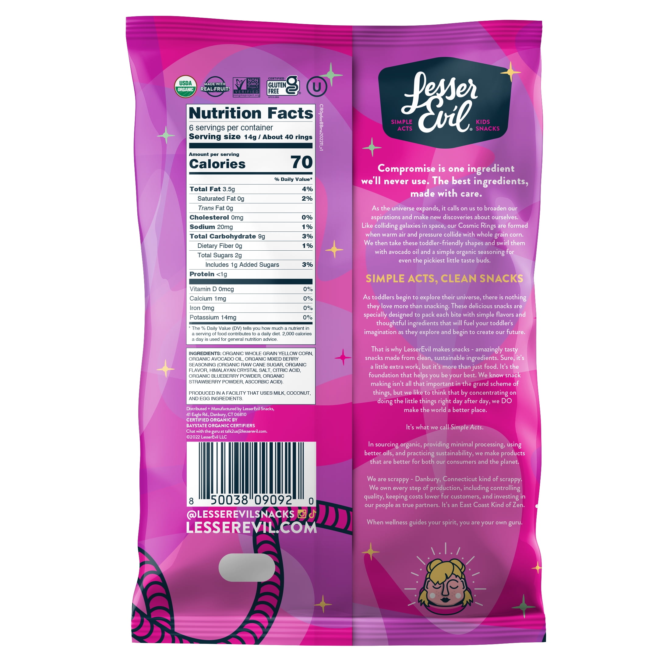 LesserEvil Air-Puffed Cosmic Rings Berry Blast Toddler Snacks with Avocado Oil, 3 oz