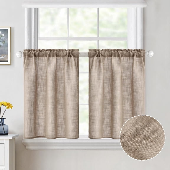 UITBDWR-Cafe Curtains 30 Inch Length Semi Sheer Short Kitchen Window Curtain Over Sink, Small Country Rustic Linen Curtains for Bathroom Basement, Rod Pocket Tier Curtains 2 Panels W26XL30, Taupe