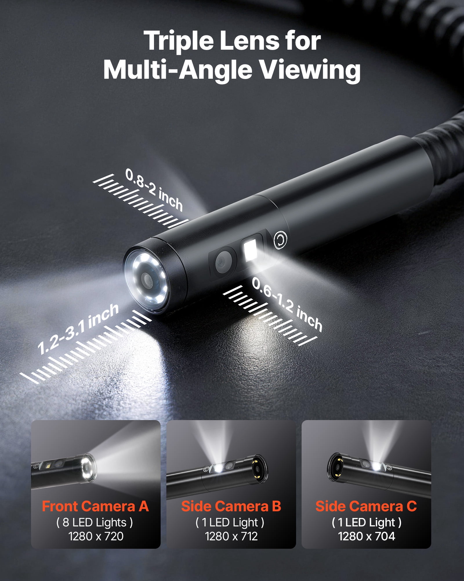 VEVOR Triple Lens Endoscope with Dual-Cable Setup, Industrial Borescope with Light, 7" HD IPS Spilt-Screen, 8 + 2 LEDs, 8X Zoom, IP67 Waterproof Snake Camera for Auto, Plumbing(16.4FT + 9.8FT Cables)