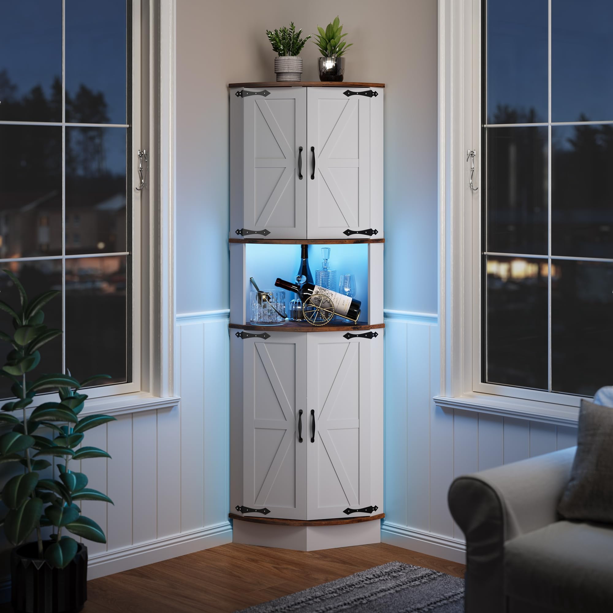 64.6" Tall Farmhouse Corner Storage Cabinet with Barn Doors, Freestanding Triangle Display Cabinet with Adjustable Shelves for Home, Brown