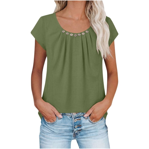 Tops de Color Sólido para las Mujeres Cuello Redondo de Manga Corta con Detalle de Botón Plisado Casual, Tops de Cuello Redondo para las Mujeres