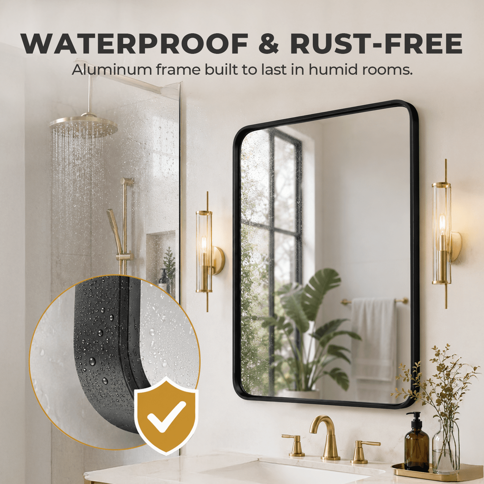 Alvantor Anti-Rust Metal Framed Rectangular Wall Mirror with Rounded Corners
