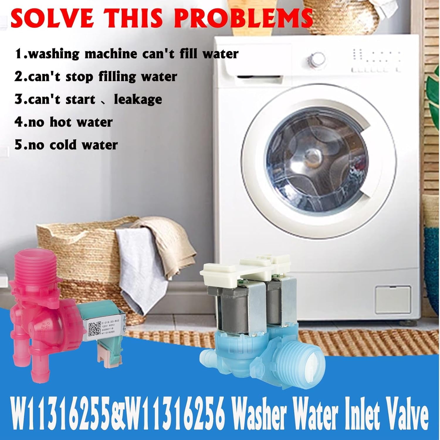 Washer Water Inlet Valve W11316255 & W11316256, Replacement For W11036928 33490439 AP6835736 4922254 PS12711563 EAP12711563, W11104751 Compatible With Whirlpool, Maytag, Amana