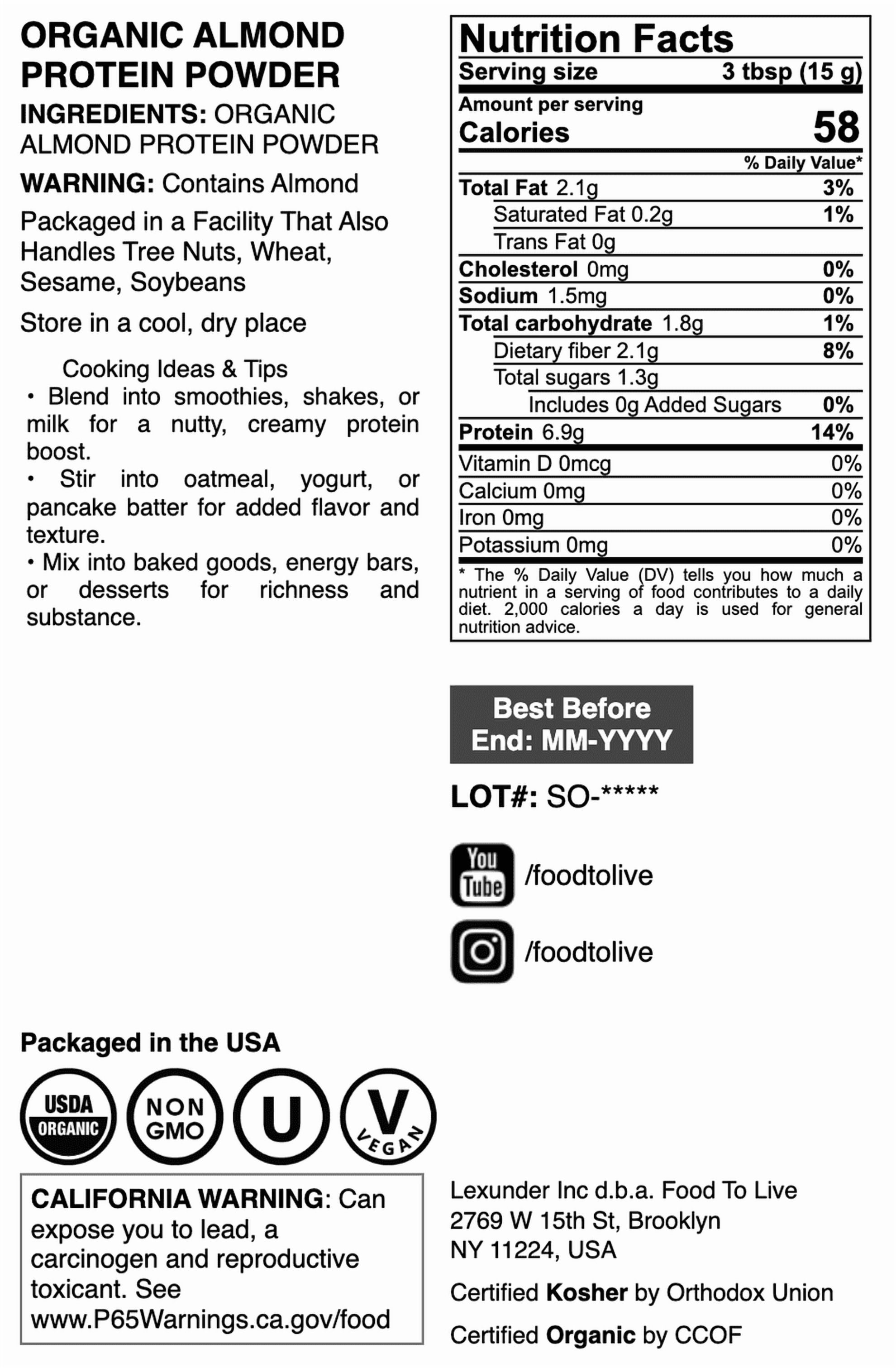 Organic Almond Protein Powder, 2 Pounds – Vegan, Kosher, Bulk – by Food to Live