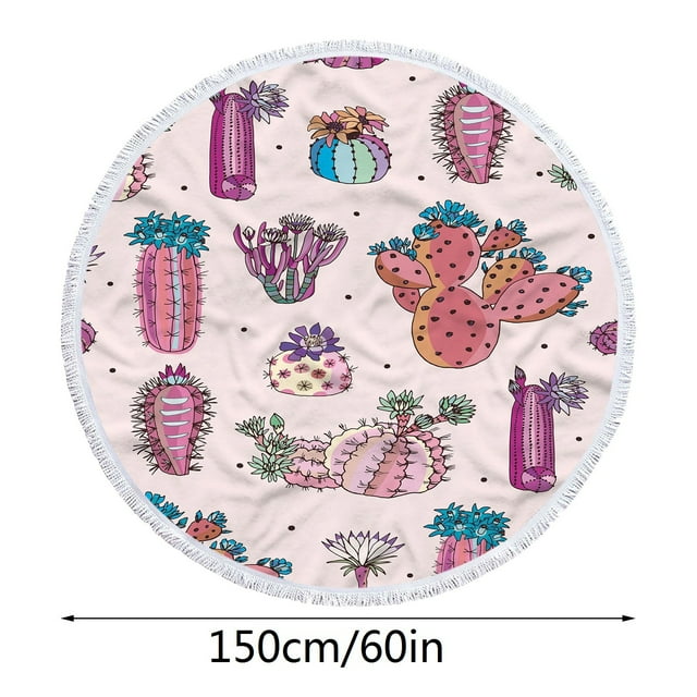 Microfiber Round Beach Towel, Hawaii Tropical Cactus White Large Blanket, Sand Free Quick Dry Mat with Tassel Oversized 60x60 Inches Personalized Sand Proof Towels Travel Gift for Men Women