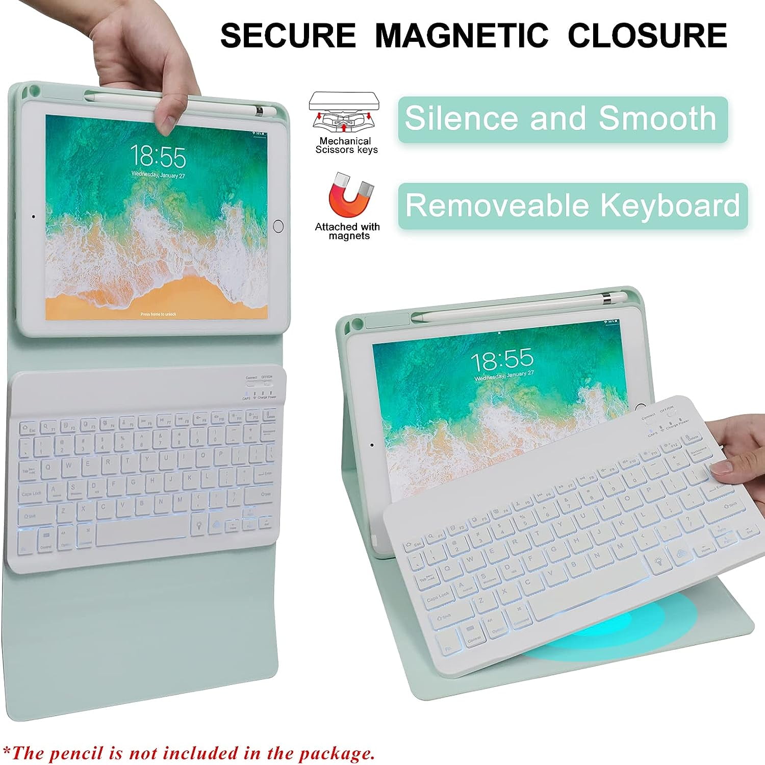 iPad 9.7 inch 5th 6th Generation Case with Keyboard, 360°Rotatable iPad Air 2 Keyboard Case with Pencil Holder(2018/2017/2014),7 Color Backlit Bluetooth Keyboard Smart Folio Tablet Cover(Green)