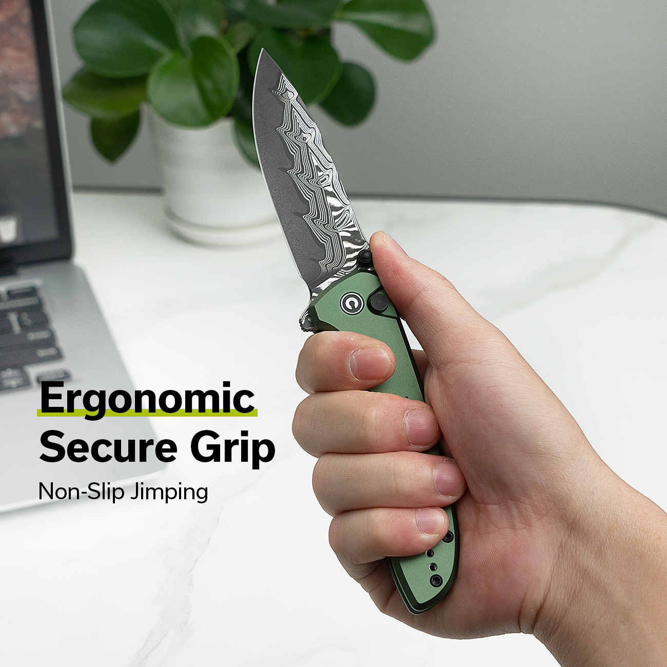 CIVIVI Hyperpulse Pocket Folding Knife, 3.5" Damascus Blade Lightweight Green Aluminum Handle C23087A-4