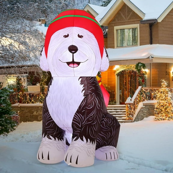 COMIN 5 FT Tall Christmas Inflatables Outdoor Decorations Blow Up Xmas Old English Sheepdog Carrying Presents with Built-in LEDs for Christmas Indoor Outdoor Yard Lawn Garden Decorations