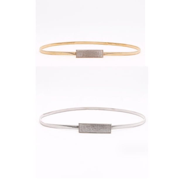 Paquete de 2 cinturones metálicos delgados para mujer, cinturones elásticos de cadena de metal con diamantes de imitación, cinturones de vestir de moda para vestidos de novia de mujer (oro