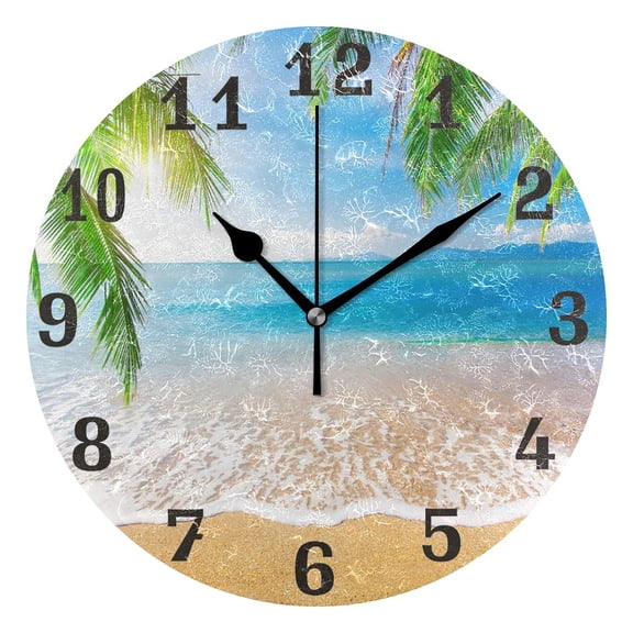 erolrail Tropical Beach Palm Tree Round Wall Clock, Silent Non Ticking for Living Room Kids Bedroom Office School Home Decor 12IN