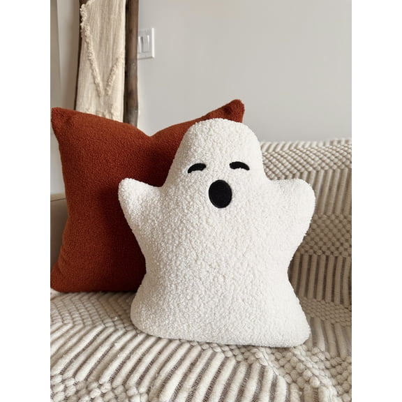 Handcrafted White Sherpa Ghost Pillow – 13" x 15" – Cozy Halloween & Fall Decor – High Quality Plush Accent Pillow