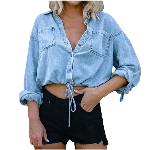 Oksale Cropped Denim Shirts for Women Trendy Drawstring Hem Jean Jacket with Pockets Button Down Shirt Casual Fashion Fall Jakcet Light Blue M