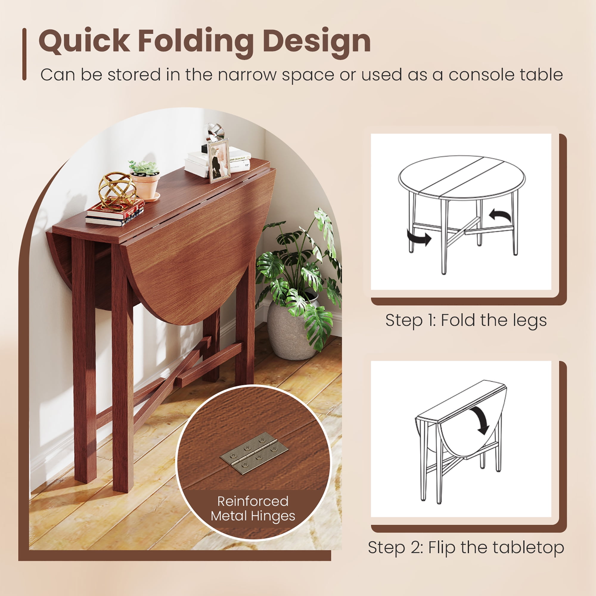 Gymax 36'' Foldable Kitchen Table Round Dining Table w/Solid Rubber Wood Legs