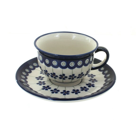 Blue Rose Polish Pottery Flowering Peacock Cup & Saucer
