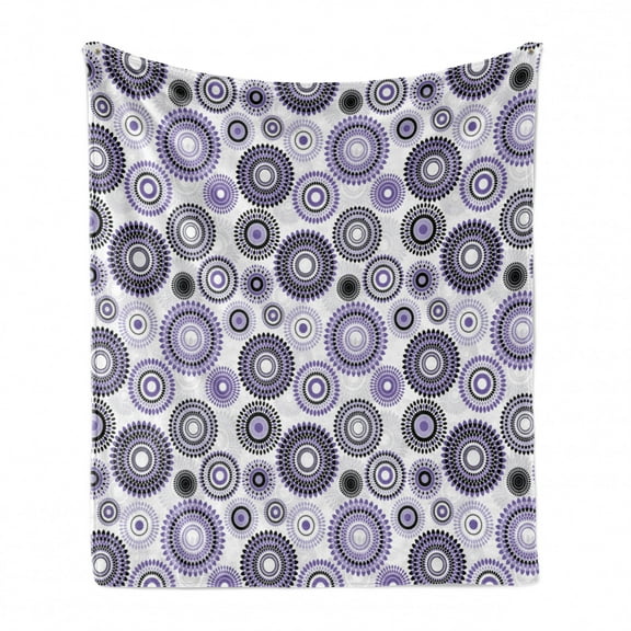 Purple and Black Soft Flannel Fleece Throw Blanket, Scattered Round Big and Small with Mandala Inspired Design, Cozy Plush for Indoor and Outdoor Use, 60" x 80", Violet Black White, by Ambesonne