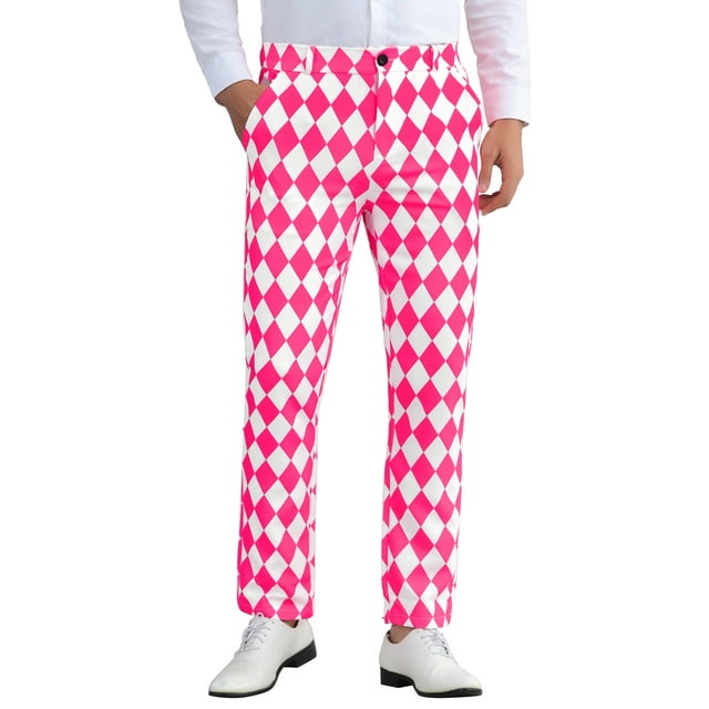 INSPIRAR CHIC Pantalones de Hombre con Patrón de Cuadros en Diamante, Corte Regular, Pantalones de Traje en Bloque de Color 30 Rosa