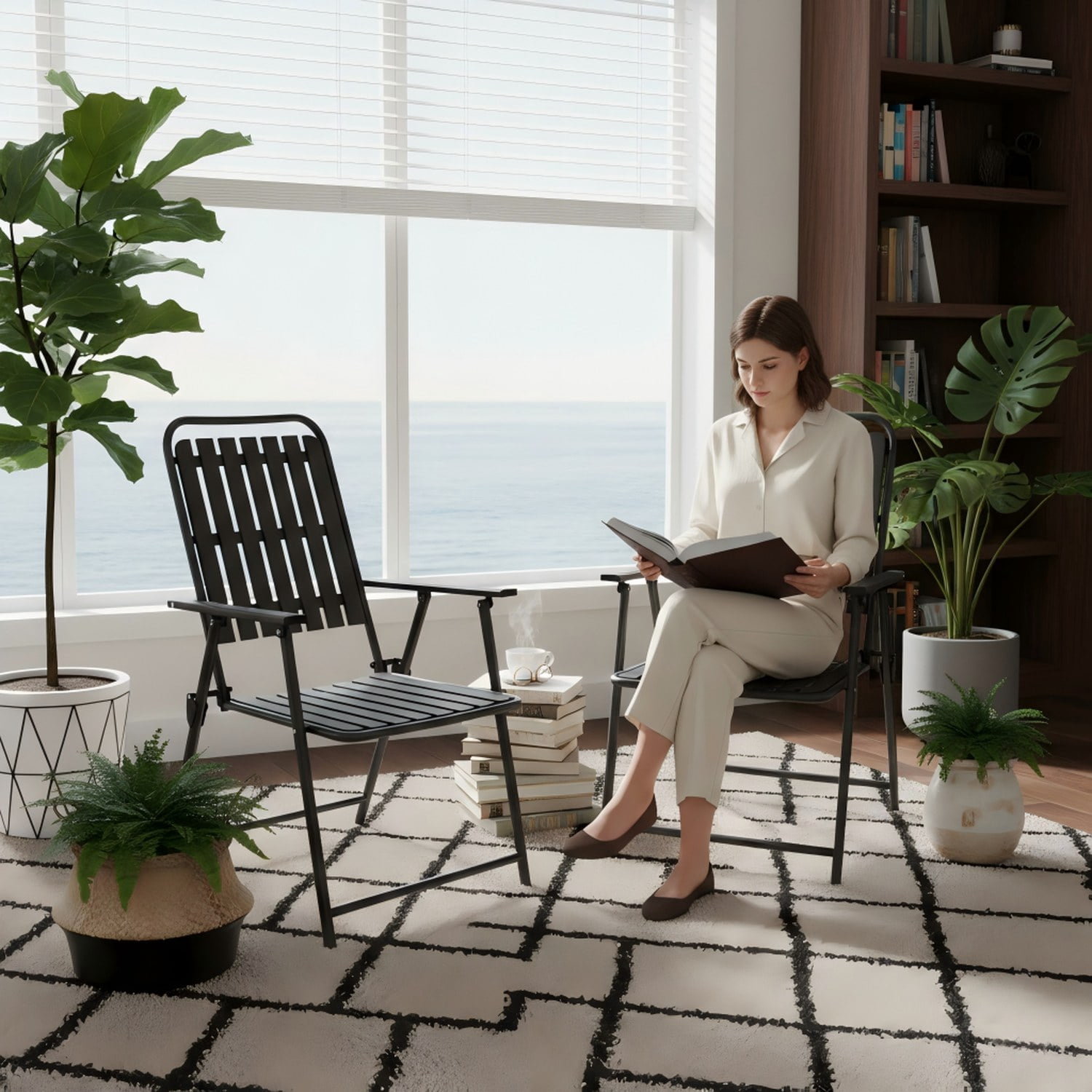Black- [Instant Setup] 2-Piece Folding Chair, No Assembly Required, 350lb Capacity, Rust-Resistant & Stain-Proof for Balcony/Garde