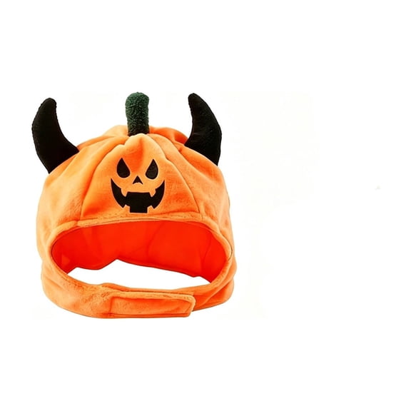 Halloween Pet Pumpkin Hat with Horns Cute Pumpkin Plush Costume Headwear Adjustable Chin Strap Dress‑up Accessory for Cats and Small Dogs Holiday Party Photo Prop,1pack