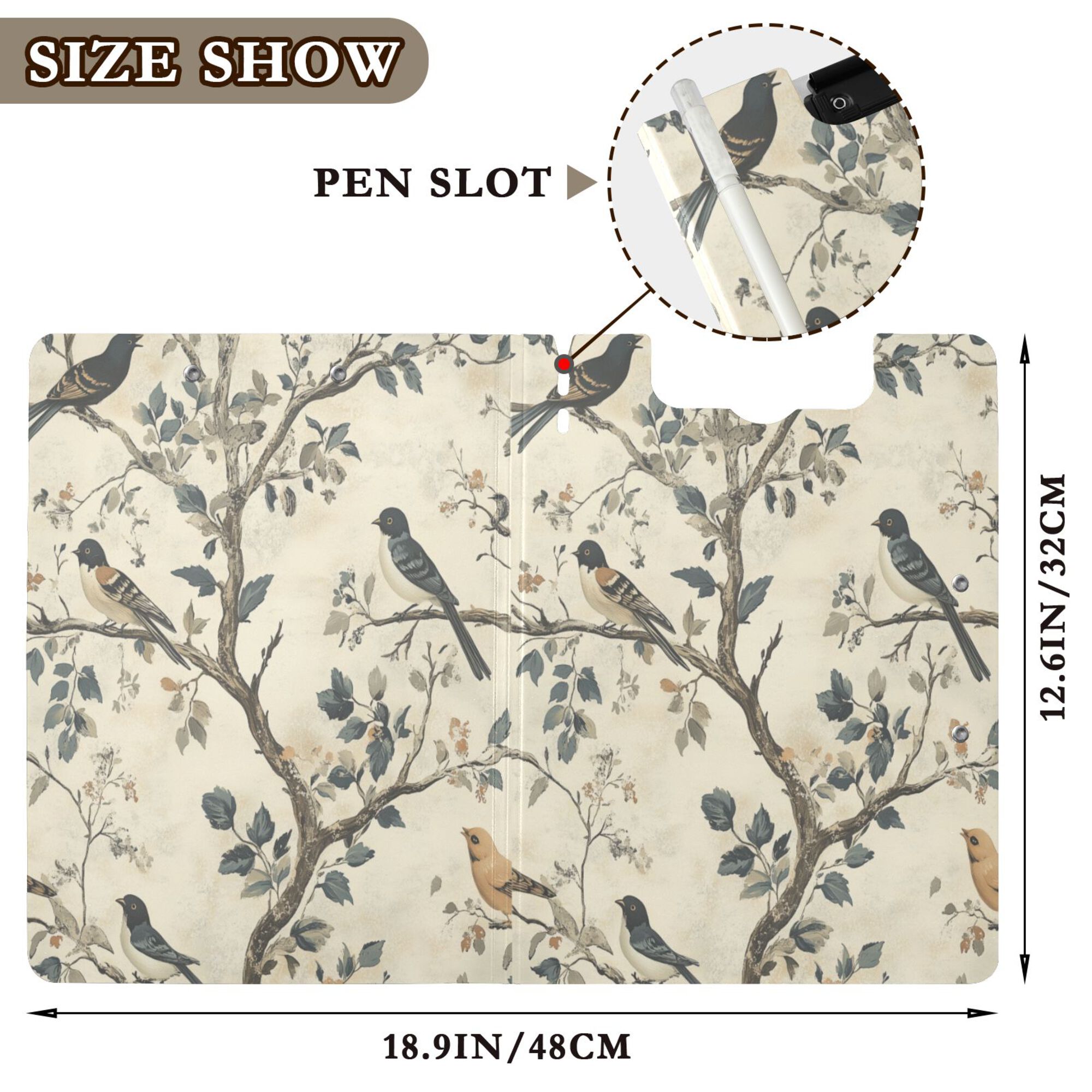 FORMRS A4 Clipboard Folder with Pen Holder Horizontal Foldable School Office Binder, Beige Birds