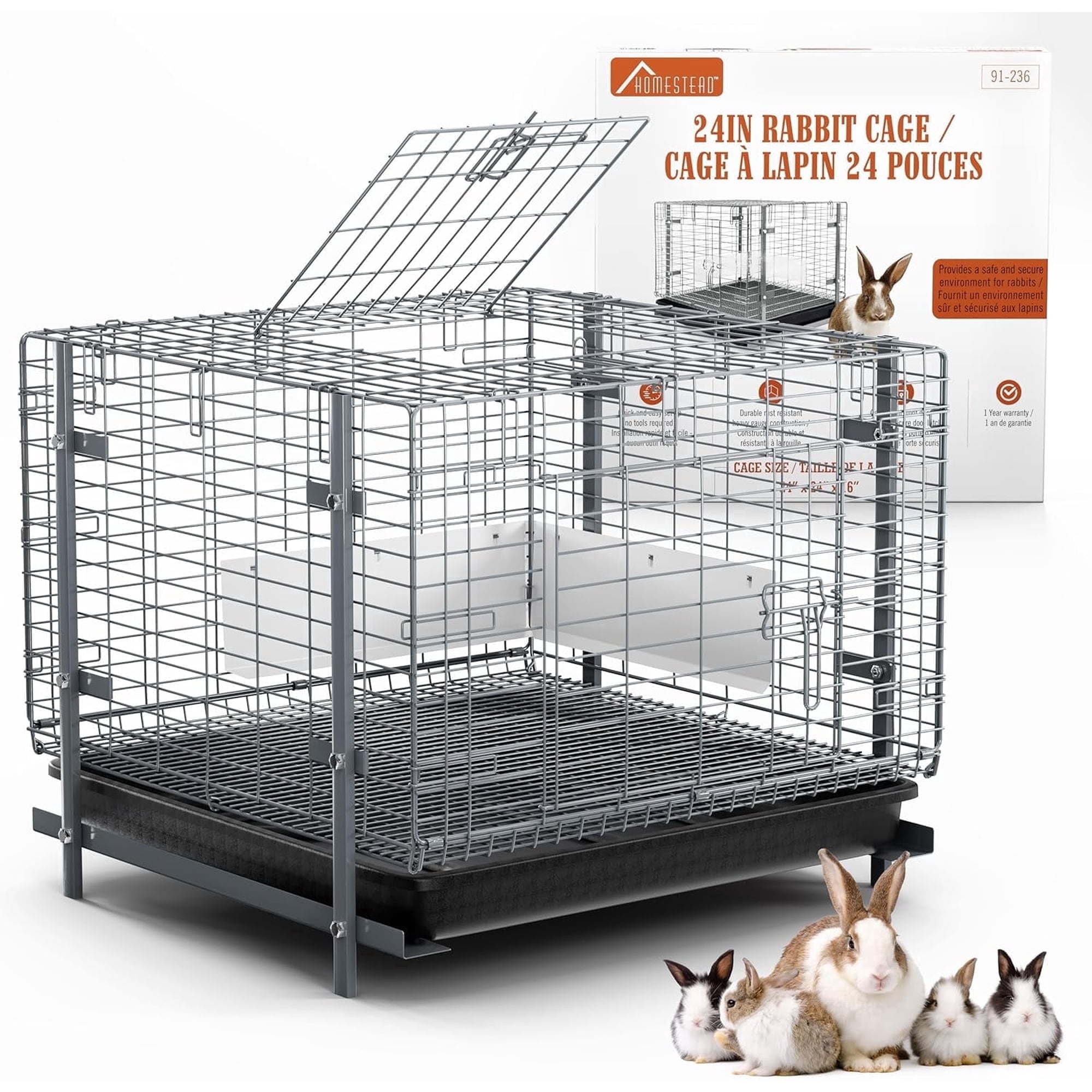 Homestead 24-Inch Indoor Rabbit Cage, Bunny & Small Animal Cage with Pull-Out Tray and Urine Guard, Easy-Clean