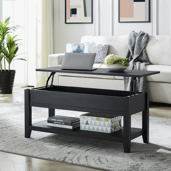 Mainstays Lift Top Coffee Table with Storage Shelf, Black wood finish