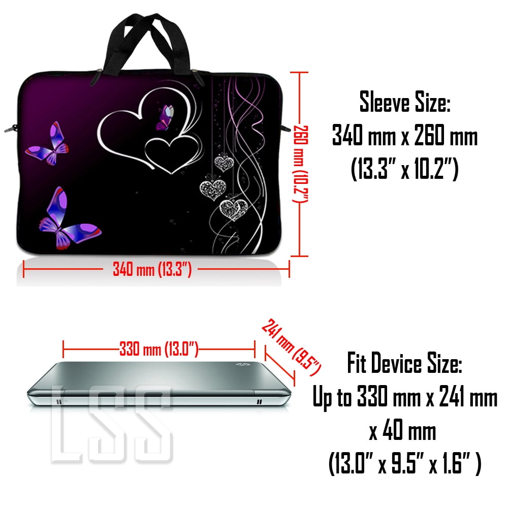 LSS 12-13.3 inch Laptop Sleeve Bag Compatible with Acer, Dell, HP, Sony, MacBook Carrying Case w/ Handle & Adjustable Strap - Butterfly Heart Floral