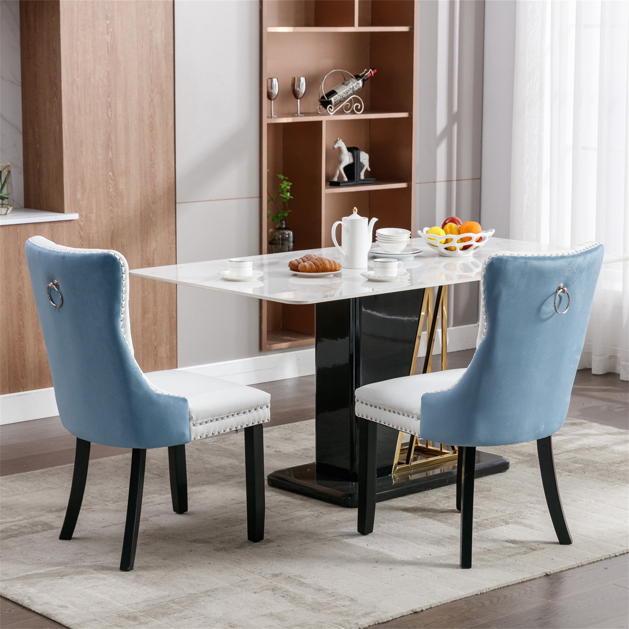 Miniyam Dining Chair Set of 2, High-end Tufted Contemporary PU and Velvet Upholstered, White+Light Blue