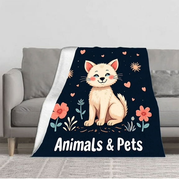 Cute Cartoon Flannel Blanket - Soft Warm Cozy Design with Flowers & Hearts for Sofa Travel Bed Chair - Perfect for Pet Lovers